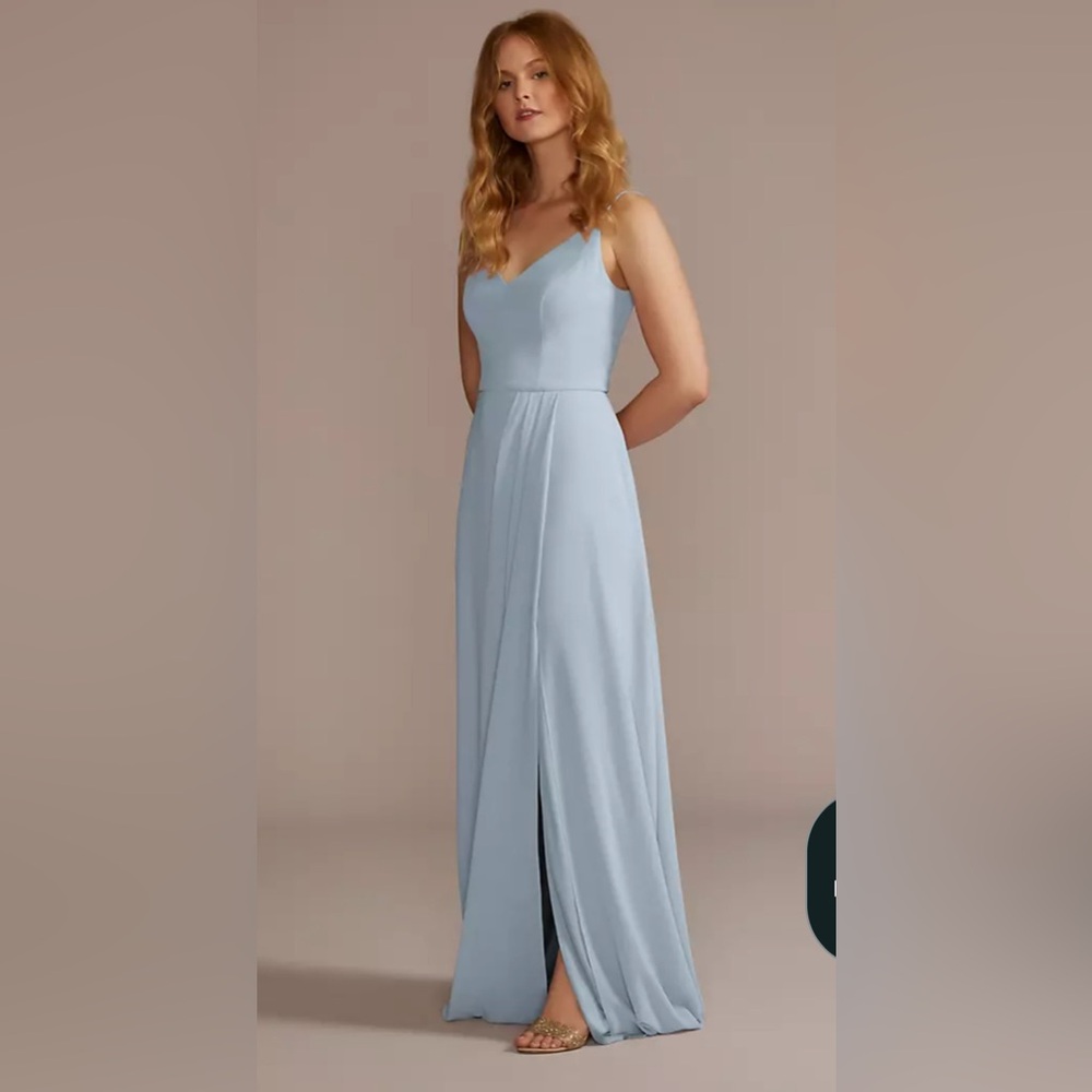 David’s Bridal chiffon dusty blue bridesmaid dress